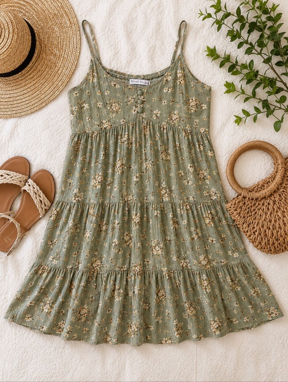 Becool Sage Green Floral Tiered Mini Dress Boho Cottagecore Size Large